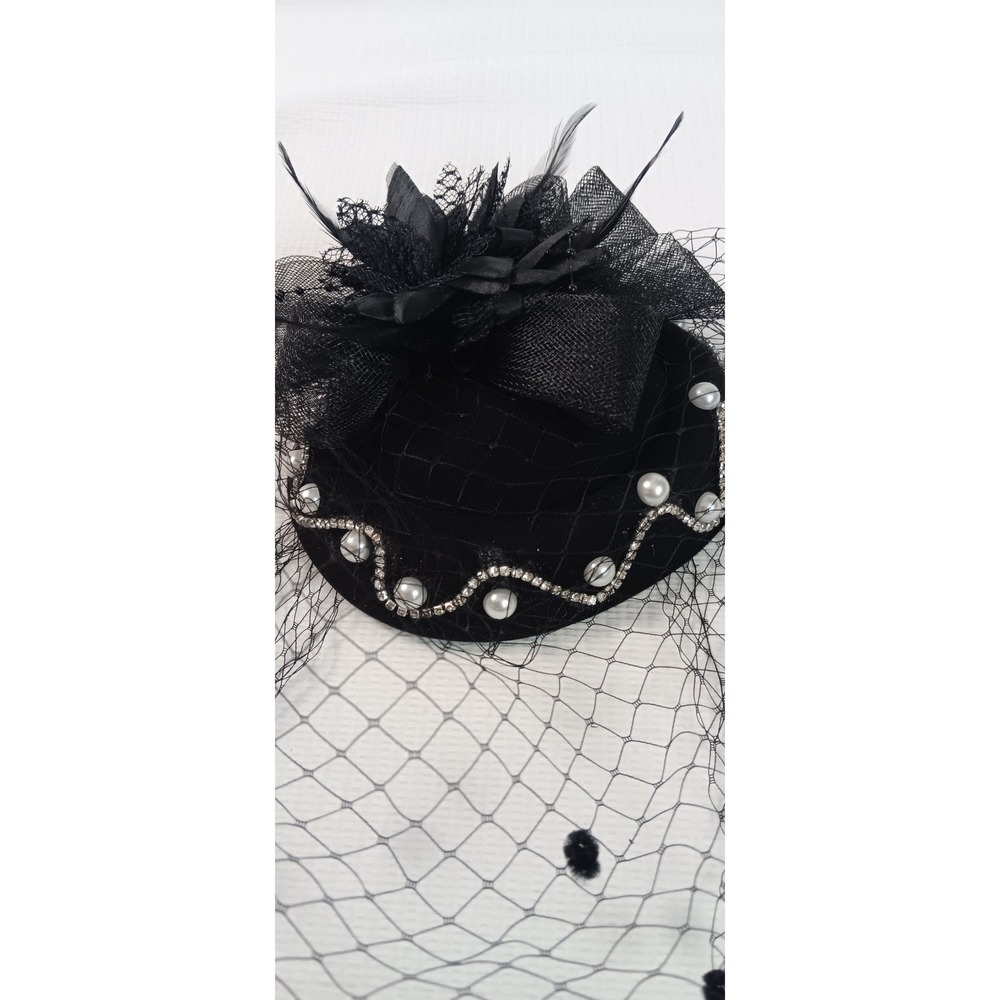 Vintage Style Black Fascinator Hat Birdcage Veil Rhinestone Faux Pearl Bow Clip - Picture 7 of 10